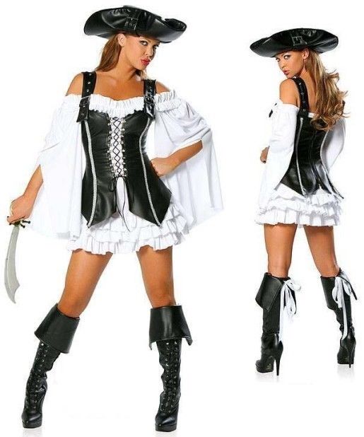 Ladies 4 Piece Faux Leather Pirate Fancy Dress Costume Halloween Outfit 