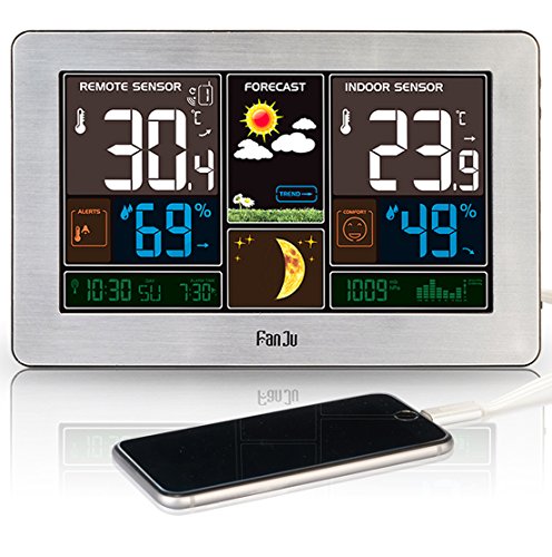 FanJu FJ3378 Funkwetterstation mit USB-Ladegeräte / Außensensor Funk / Uhr / Innen-/Außentemperatur und Luftfeuchtigkeit / Mondphase