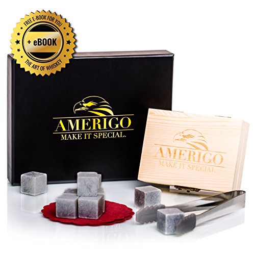 Luxus Whisky Steine Geschenkset von Amerigo - Set von 9 Whisky Felsen - Wiederverwendbare trinken Whiskey Kühlsteine - Geschenk Set mit handgefertigten Holzkiste, Edelstahl Zange und Untersetzer