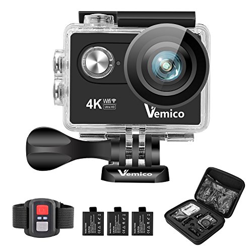 Action Cam, Vemico 4K Action Kamera WiFi Helmkamera Wasserdicht bis 40m 2.0 Zoll Display mit 2.4G Fernbedienung und 3 Wieder Aufladbaren Akkus