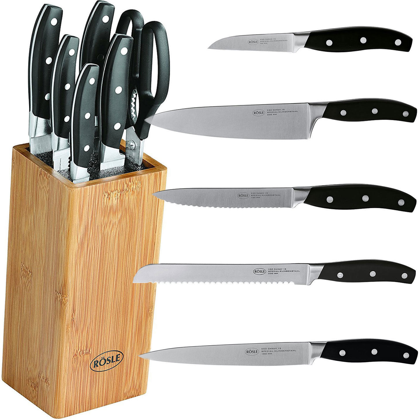 Rösle Bambus Bürsten Messerblock 7-tlg. inkl Küchen Messer + Schere Kochmesser