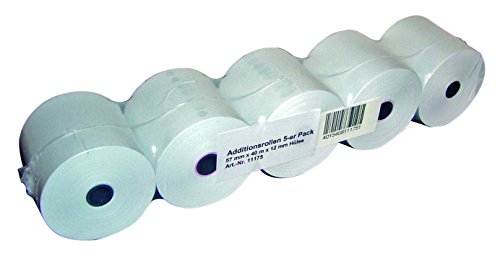 Genie Additionsrollen (Ersatz-Papierrollen, geeignet für Kassen und druckende Tischrechner, 40 lfm, 100% Holzfrei, 57 x 12 mm) 5er Pack weiß