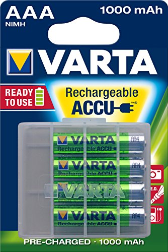 Varta Rechargeable Ready To Use vorgeladener Micro NiMh Akku (AAA, 1000 mAh, 4er Pack, wiederaufladbar ohne Memory-Effekt - sofort einsatzbereit, inklusive Aufbewahrungsbox)