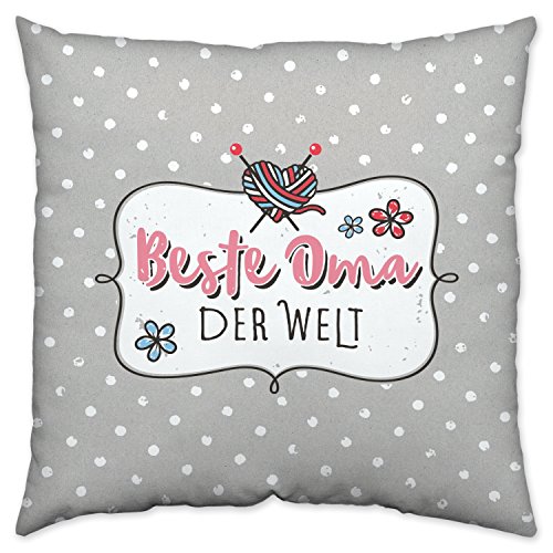 H:)PPYlife Baumwoll-Kissen Beste Oma Der Welt, Grau, 40 x 40 x 3 cm