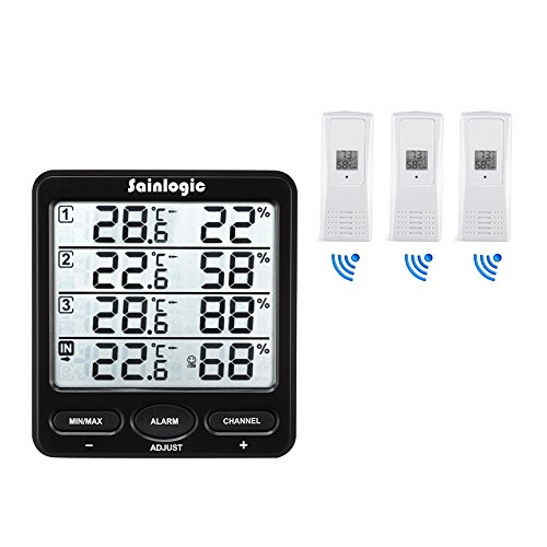 Wetterstation,Sainlogic Funk Thermometer Hygrometer Digital Wetterstationen mit 3 Innen/Außen 8-Kanal Außensensor Luftfeuchte LCD Display Min/max