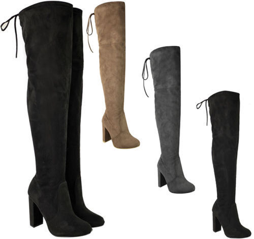 WOMENS LADIES THIGH HIGH BOOTS OVER THE KNEE PARTY STRETCH BLOCK HEEL  MID SIZE