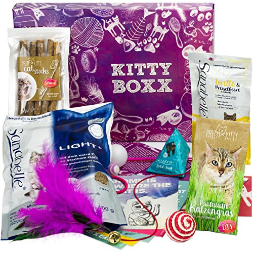 Kitty-Boxx (13 Teile) Geschenk für Katzenliebhaber – Geschenkbox mit Katzenspielzeug, Katzenfutter, Pflegeprodukten, praktischen Tipps & Utensilien als Geschenk für Katzenbesitzer & Katzen