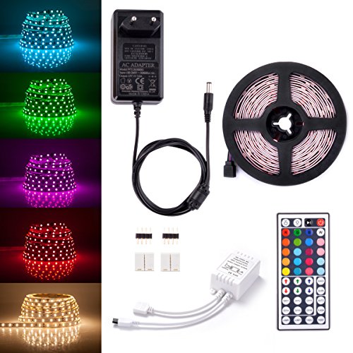 Sunix® LED Streifen Set, 5M Strip lights mit 150 RGB LEDs (SMD 5050) , DIY-Beleuchtung, Nicht Wasserdicht, Inklusive Netzteil 12V 3A und 44 Tasten IR-Fernbedienung, LED Lichtband