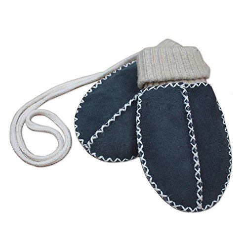 Baby-Lammfell-Handschuhe / - Fäustel mit Strickbündchen, blau-anthrazit