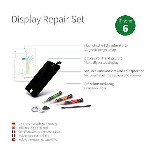 GIGA Fixxoo iPhone 6 Komplettes Display Ersatz Set Schwarz, LCD mit TouchScreen, Retina Display, Kamera & Näherungssensor - Einfache Installation für Do-It-Yourself