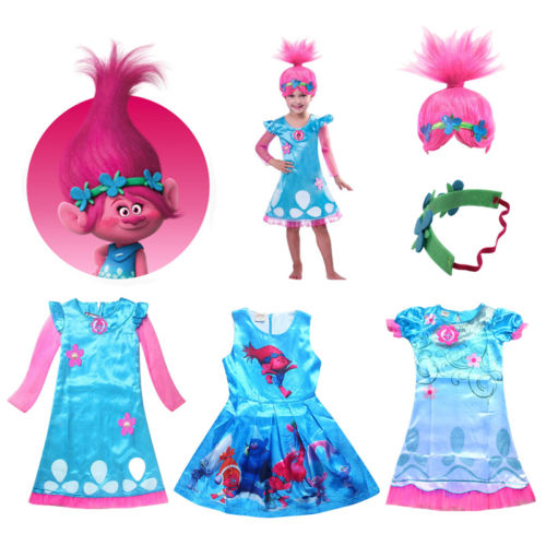 Kinder Trolls Poppy Kostüm Mädchen Kleid Festkleid Prinzessin Partykleid Perücke
