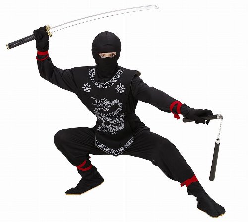 Widmann 74527 - Kinder Kostüm Black Ninja, Anzug und Maske, Größe 140