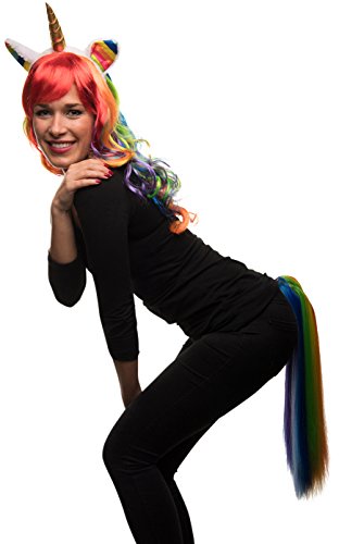 Einhorn Kostüm-Set bestehend aus Regenbogen Einhorn Perücke + Einhorn Haarreif + Einhorn Pferdeschwanz für Damen und Herren zum Fasching & Karneval
