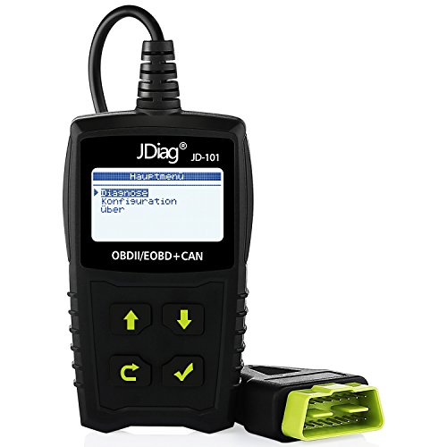 JDiag OBD2 Auto Diagnosegerät OBD II Code Scanner EOBD für alle Benzinfahrzeug ab 2000 mit OBD II Protokolle, mit standard 16-pin OBD-II Schnittstelle für Lesen und Löschen von Fehlercodes?Batterietest