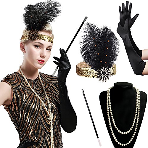 BABEYOND 1920s Flapper Set Damen Gatsby Kostüm Accessoires Set inklusive Stirnband Halskette Handschuhe Zigarettenhalter (Set-6)