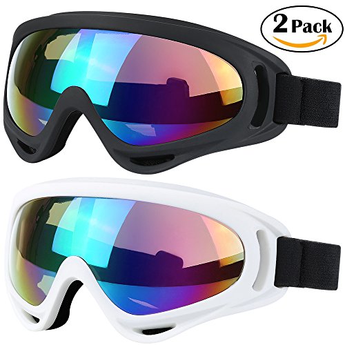 Skibrille Snowboardbrille, 2 Stück, Skate Motorrad Fahrrad fahren für Kinder, Jungen, Mädchen, Jugend, Männer, Frauen mit UV 400 Schutz, winddicht, blendfreie Objektive, schwarz / weiß