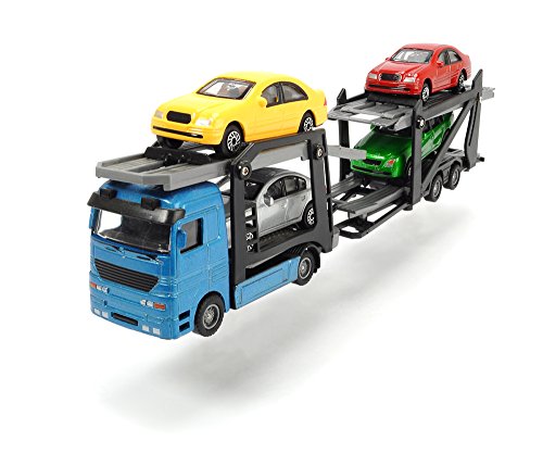 Dickie Toys 203745000 - Car Trailer, LKW- Autotransporter mit vier PKWs, 28 cm