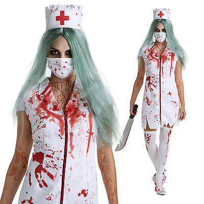 Womens Zombie Nurse Halloween Fancy Dress Costume + Hat + Mask Horror Outfit