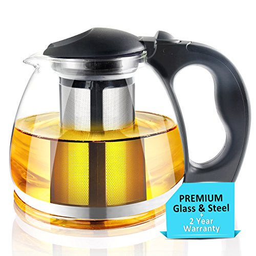 Glas Teekanne mit-Ei – 1500 ml, Tee Pot Kunststoff Griff & Edelstahl Filter für Blooming & Loose Tee – Maker Brewer & Steiler