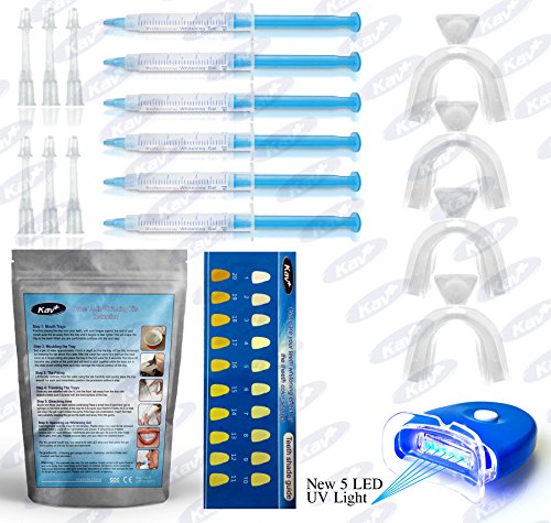 KAV PLUS 6 Gel Teeth Whitening PRO Home Kit LED Lazer Licht, X4 Mund Trays + Free Zähne Schatten - Professionelle Zahn Bleach Whitening KIT