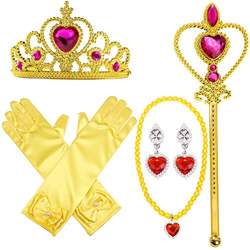 SPECOOL Gilrs Prinzessin Anzieh Zubehör 6 Stück Geschenkset Prinzessin Handschuhe, Tiara Krone und Zauberstab, Halsketten für Kinder (gelb)