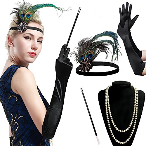BABEYOND 1920s Flapper Set Damen Gatsby Kostüm Accessoires Set inklusive Stirnband Halskette Handschuhe Zigarettenhalter (Set-10)