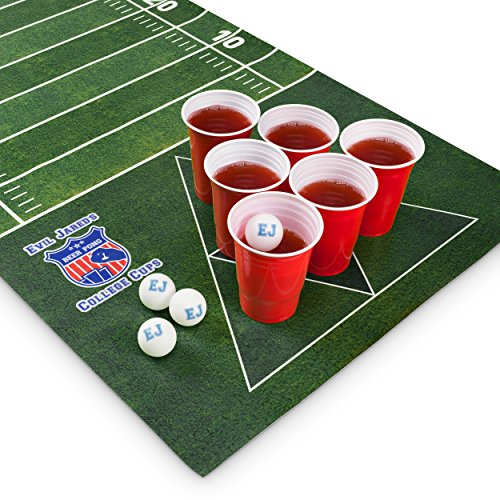 Evil Jared's Beer Pong Matte Set | 180 x 60 cm Wasserfest und Reißfest | Inkl. 60 Red Cups + 6 Ping Pong Bälle | American Football Design Trinkspiel