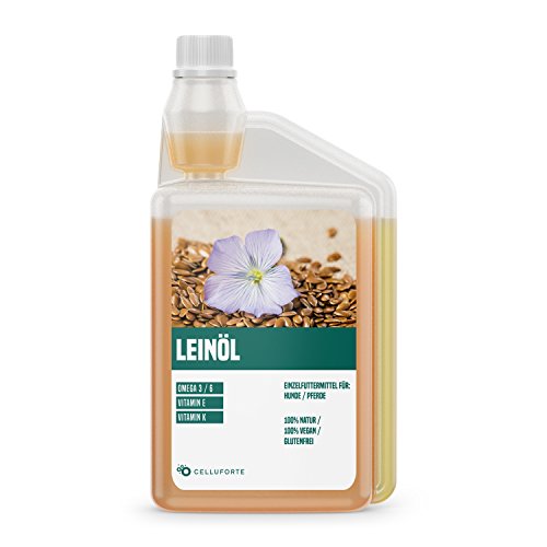 celluforte Leinöl nativ und kaltgepresst mit Omega-3 und Omega-6, für Hunde und Pferde, BARF geeignet, 100% rein zur täglichen Ergänzung zum Futter, 1L Dosierflasche