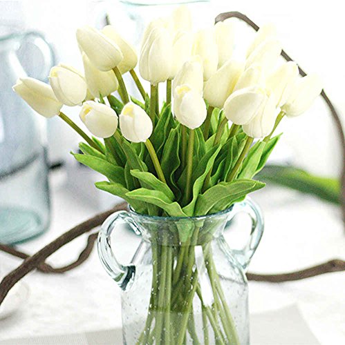 Unechte Blumen?Künstliche Deko Blumen Gefälschte Blumen Blumenstrauß Seide Tulpe Wirkliches Berührungsgefühlen, Braut Hochzeitsblumenstrauß für Haus Garten Party Blumenschmuck 10 Stück Weiß