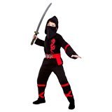 Boys Power Ninja Black Red Fancy Dress Up Party Costume Halloween Child Outfit