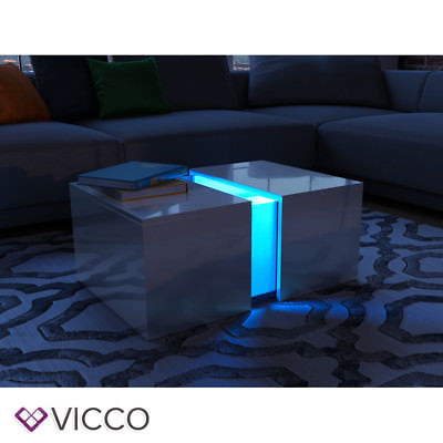 VICCO LED Couchtisch Weiß Hochglanz Loungetisch Wohnzimmer Tisch Sofa-Tisch