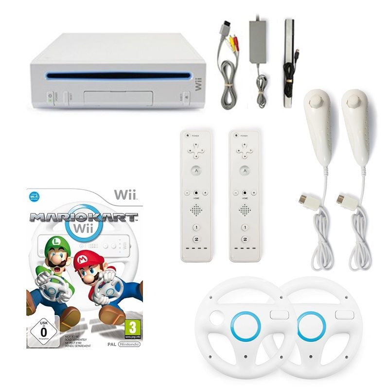 Nintendo Wii Konsole + Mario Kart+ 2 Remotes + 2 Nunchuks + 2 Lenkräder