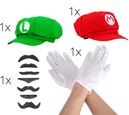 Set Mario Super Zubehör Accessoire mit Handschuhe in weiß, 6x Schnurrbart Bart Luigi und Mütze Cap Schildmütze rot und grün für Fasching Fasching Karneval zum Verkleiden für Herren und Damen