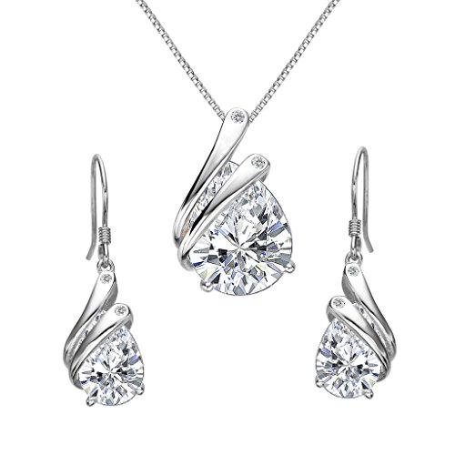 Clearine Damen 925 Sterling Silber Elegant Delicate Cubic Zirconia Tropfen Feder Pendant Halskette Hook Ohrringe Schmuck Set