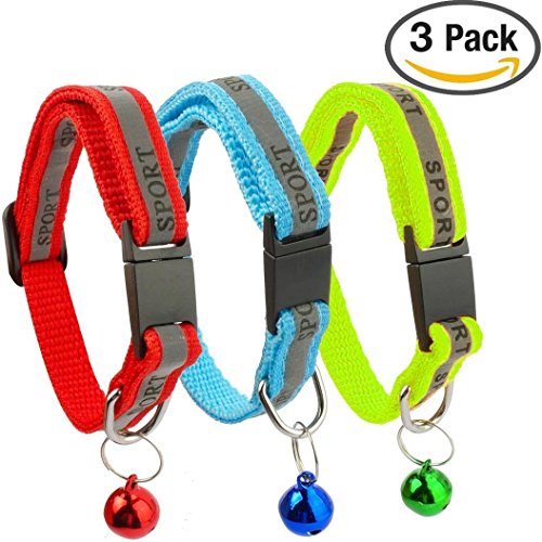 3er PACK Reflektierendes Katzen-Halsband mit Glöckchen - Ideale Halsbänder Größe für Katzen oder Kleine Hunde, Sicherheits-Schnellverschluss für Schnelles Öffnen (3er Set) (rot, blau, grün)