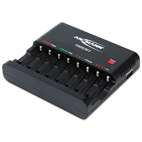 ANSMANN Powerline 8 Akku-Ladegerät / 8-fach Ladegerät zum Laden & Entladen / Ideal für Akkus der Größen AA & AAA / Mit USB-Port für Kamera, Smartphone & co.