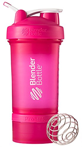 BlenderBottle Prostak Protein Shaker / Diät Shaker (650ml, skaliert bis 450ml, mit 2 Container 150ml & 100ml, 1 Pillenfach) Pink