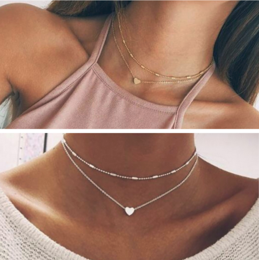 Silver Gold Plated 2 Double Layer Beaded Chain Choker Necklace Heart Pendant Uk