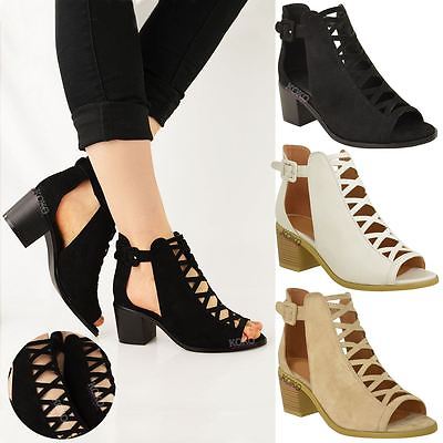 WOMENS LADIES LOW WEDGE HEEL SANDALS LACE UP CUT OUT SHOES ANKLE STRAP SIZE