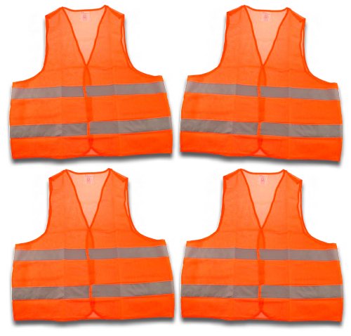 4 Stück Warnweste, Sicherheitsweste, Pannenweste EN 471 orange mit Reflektorstreifen und Klettverschluss Universalgröße