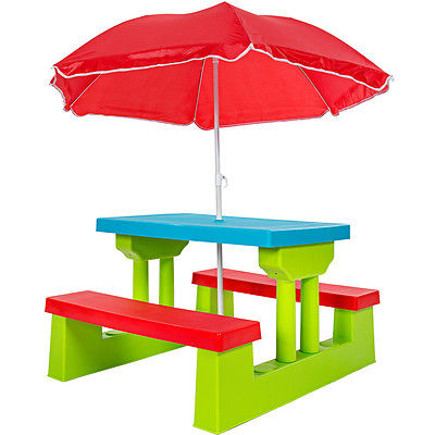 Kindersitzgruppe Kinder Sitzgarnitur Kindertisch Bank Kindermöbel + Sonnenschirm