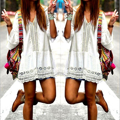 Bohemian Strandkleid in weiß mit Spitzen Muster im Boho Ibiza Style in Größe M/L