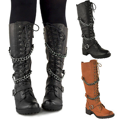 LADIES WOMENS KNEE HIGH MID CALF LACE UP BIKER PUNK MILITARY COMBAT BOOTS SHOES