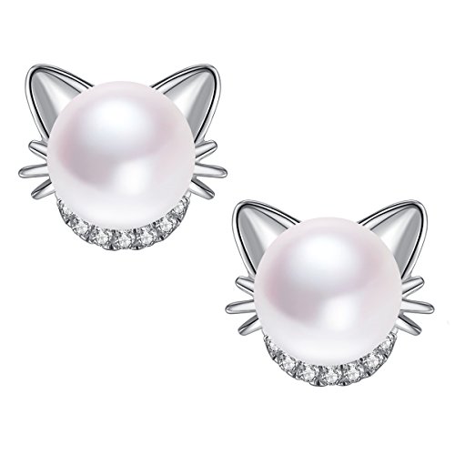Damen Katze Sterling Silber Ohrstecker Süßwasser Perlen Ohrringe mit Katze Ohren Schnurrhaare und Zirkonia