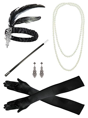 1920er Jahre Zubehörset Flapper Kostüm Charleston ausgefallene Accessoires-1920er Jahre Flapper Stirnband Perlenkette Satin Handschuhe