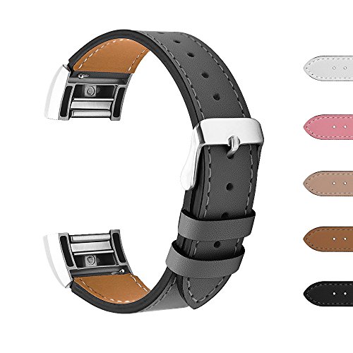 Fitbit Charge 2 Armbänder, BeneStellar Leder Ersatz Armband für Fitbit Charge 2, Unisex Ersatzband mit Metall Konnektoren (Schwarz, 6.3