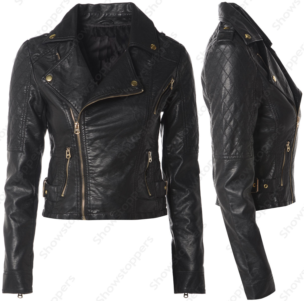 Size 8 10 12 14 16 NEW Womens BIKER JACKET FAUX LEATHER Ladies ZIP Coat Black 