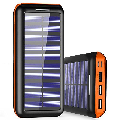 Externer Akku PLOCHY 24000mAh Solar Powerbank, Solar Ladegerät mit 3 Ausgänge und Lighting & Micro Dual Input Power Bank Handy für iPhone, iPad, Samsung Galaxy und andere Smartphones(Orange)