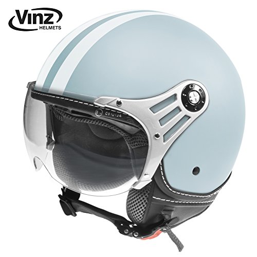 Vinz Motorradhelm Rollerhelm Jethelm Jet Helm Fashionhelm hellblau mit weißen Streifen in Gr. XS-L | Helm mit Visier | ECE zertifiziert (S)