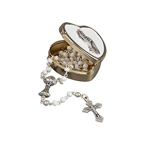 Zur ersten heiligen Kommunion... zarter Rosenkranz behüte Dich,, weisse Perlen, ein silberfarbener Kelch und ein Kreuz im goldfarbenen Herzdöschen